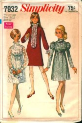 7932 SIMPLICITY 1968 PRETTY LS/LEG O MUTTON LACY DRESS PATTERN 11/12,13/14